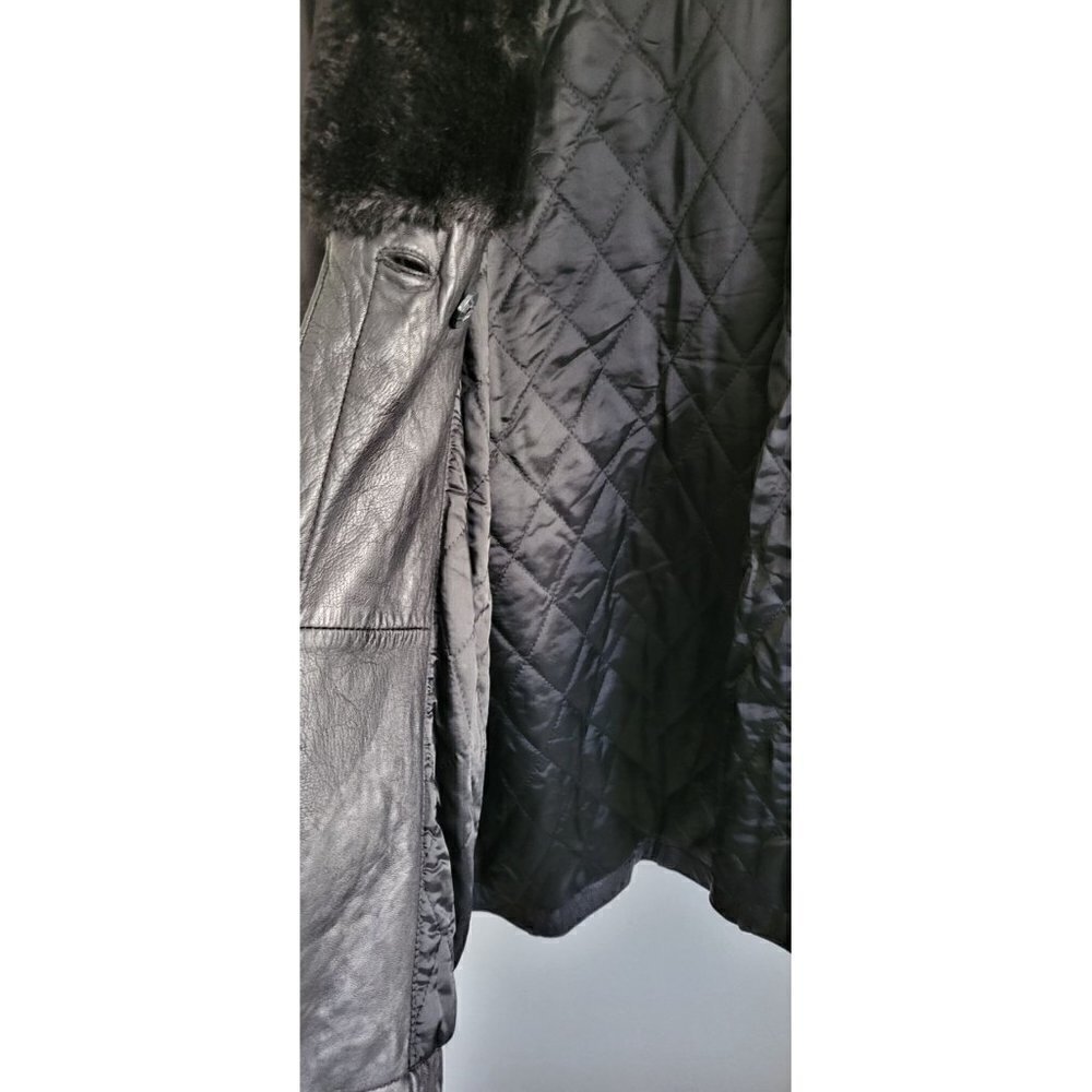 Rare Vintage Genuine Leather Fur Black Belted Hood Coat Jacket Women Size L - Picture 10 of 14